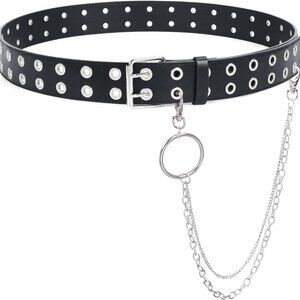 Leather Belt with Detachable Chain for Men Women Punk Grommet Studded